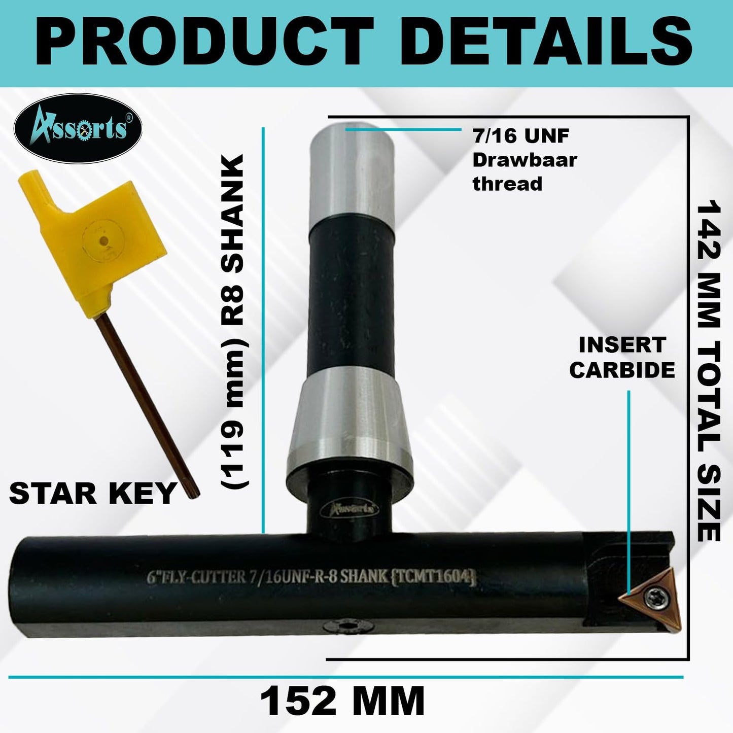 Assorts 6″ Balanced Fly Cutter Indexable Face Milling Cutter with R8 Shank (7/16 UNF Drawbar Thread), Single TCMT1604 Insert, Torx Screw & Star Key Included