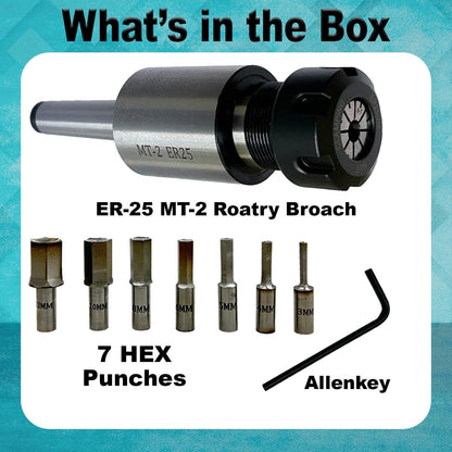 ASSORTS ER-25 MT2 Rotary Broach Holder with Metric HEX Broach Punch Set | 3–12mm HSS Hex Rotary Broaching Tools for Lathe, Mill & CNC Precision Machining | Durable ER25 MT2 Tooling Kit
