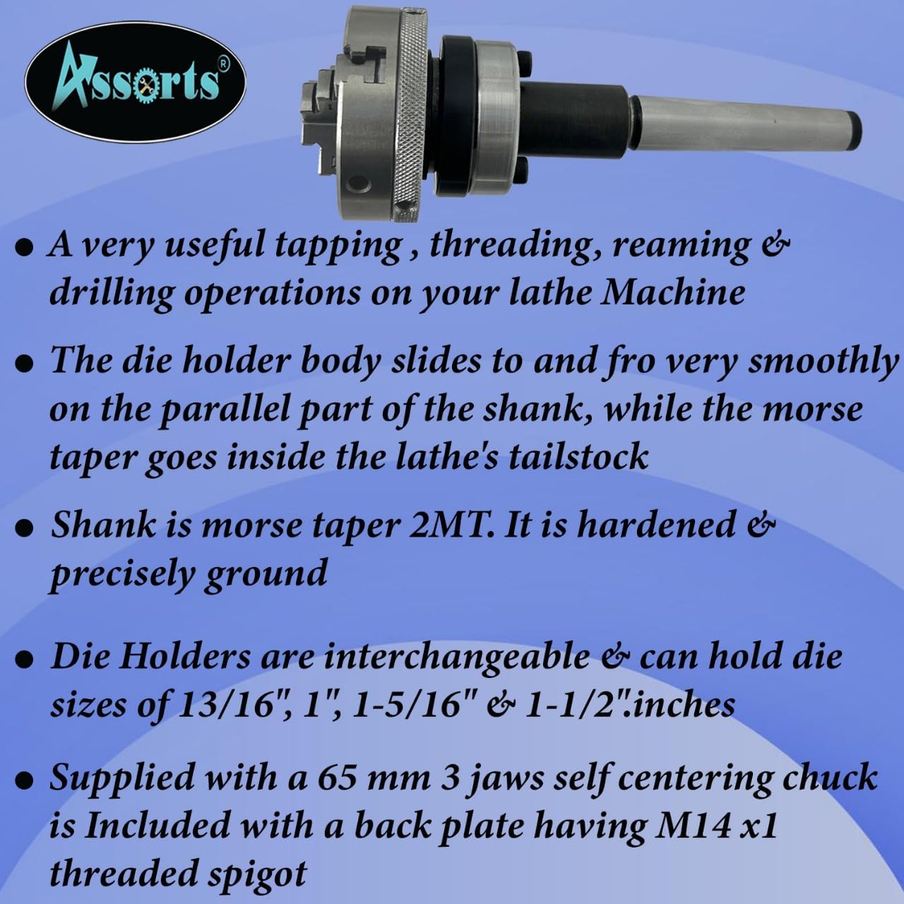 Lathe Tailstock Die Holder 2MT Shank- Tapping Threading Reaming Drilling+ 65 mm 3 jaw Self-Centering Chuck