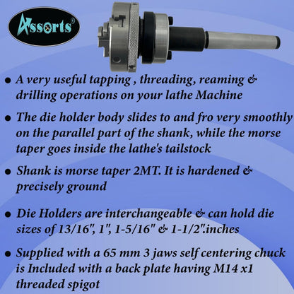 Lathe Tailstock Die Holder 2MT Shank- Tapping Threading Reaming Drilling+ 65 mm 3 jaw Self-Centering Chuck