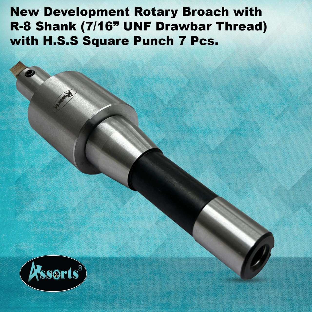 Assorts Newly Developed Rotary Broach (Metric) – R8 Shank (7/16” UNF Drawbar Thread + 7 PCS H.S.S. Square Punch Set (3–12 mm)-Enhanced with Wobble