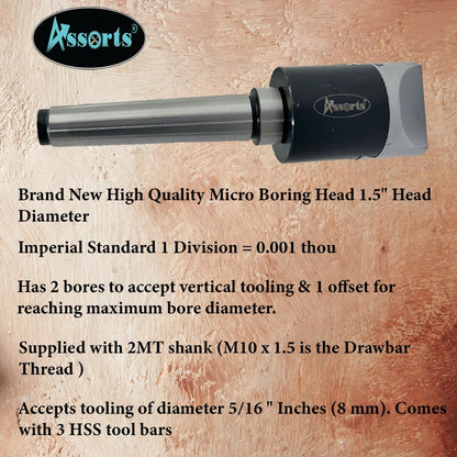 New Precision 1.5" Boring Head-MT2 Shank (M10 x 1.5 Drawbar)+Carbide Tools