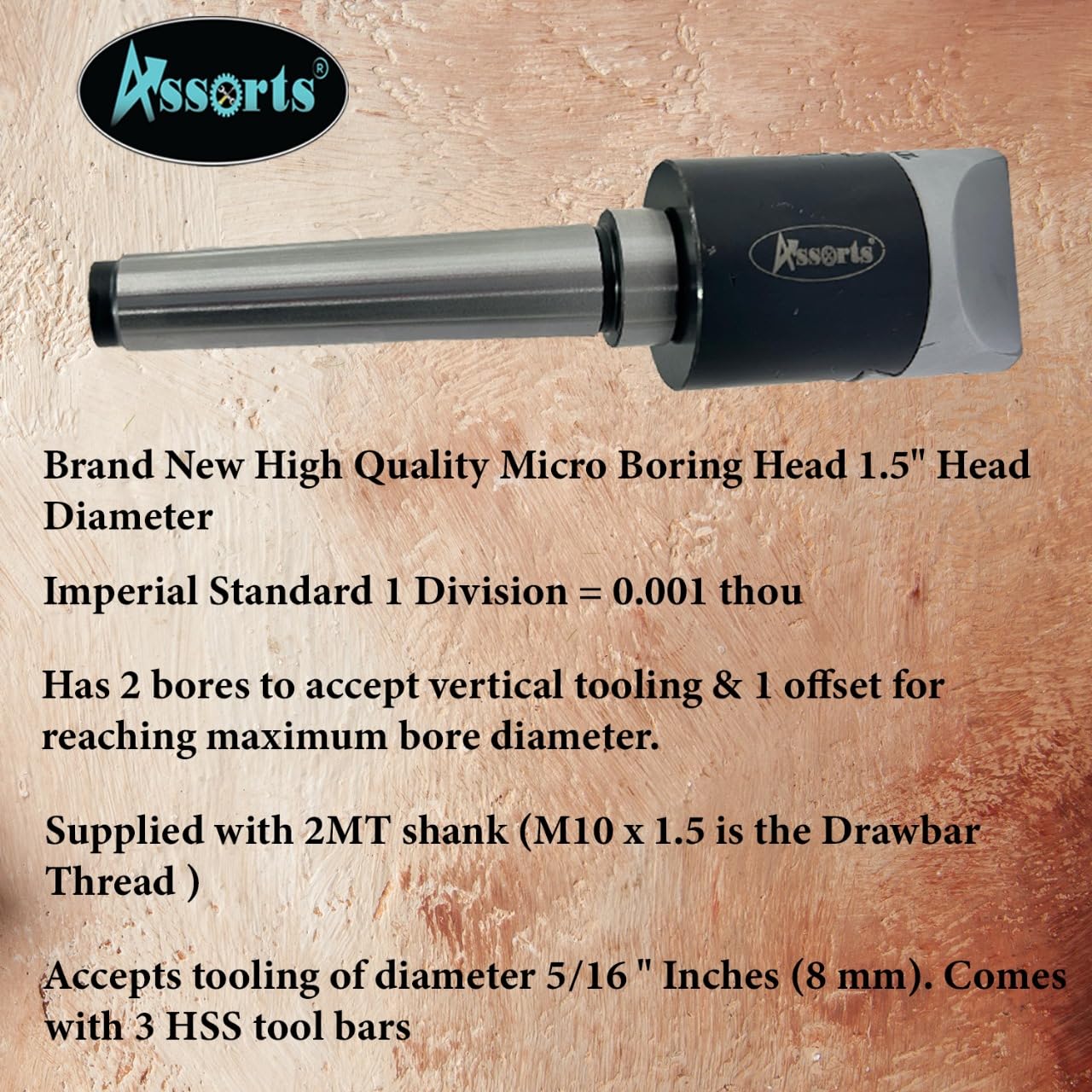 New Precision 1.5" Boring Head-MT2 Shank (M10 x 1.5 Drawbar)+Carbide Tools