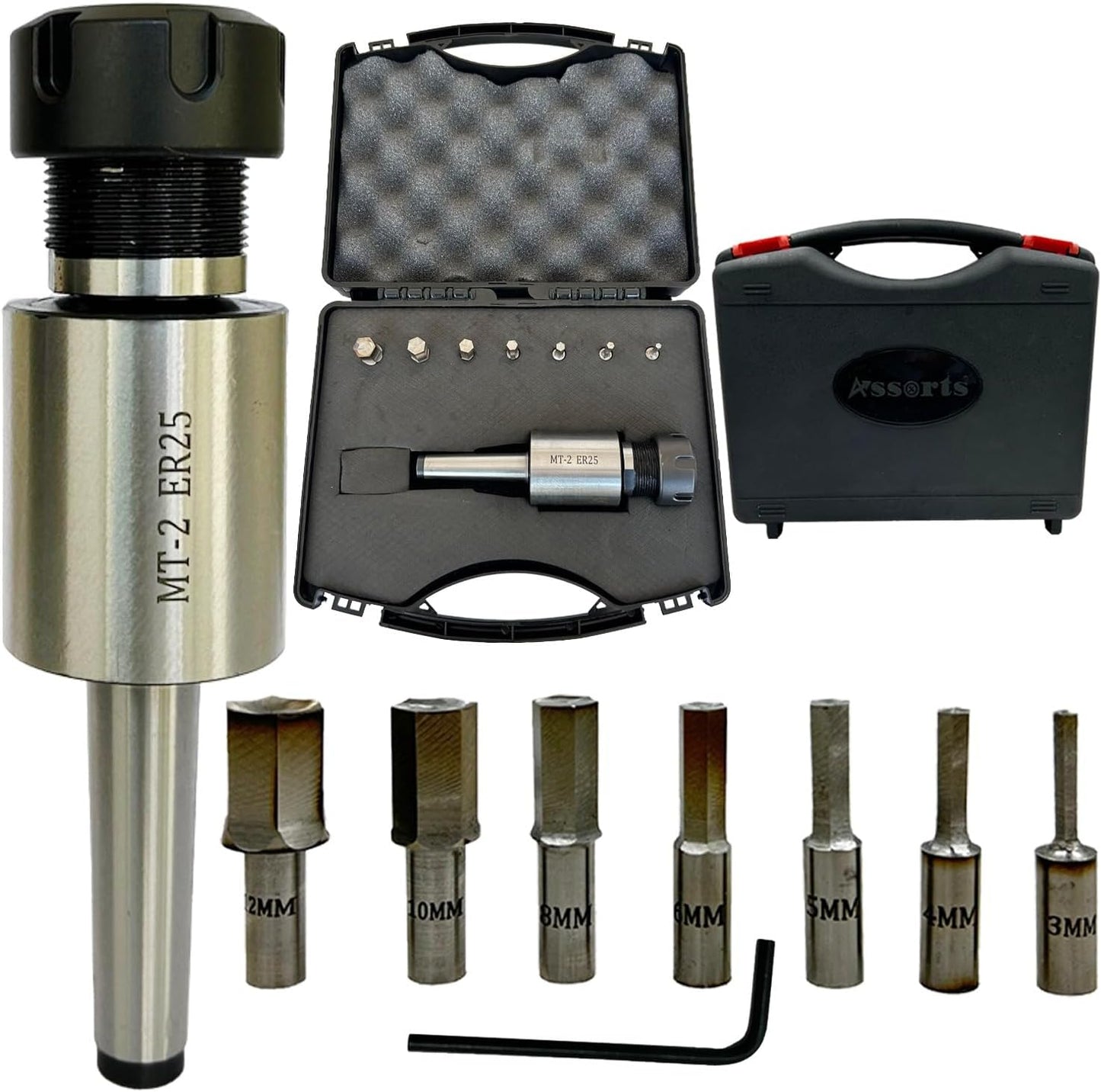 ASSORTS ER-25 MT2 Rotary Broach Holder with Metric HEX Broach Punch Set | 3–12mm HSS Hex Rotary Broaching Tools for Lathe, Mill & CNC Precision Machining | Durable ER25 MT2 Tooling Kit
