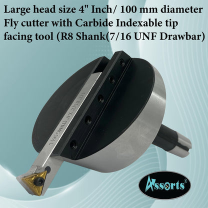 Assorts Large head size 4" Inch/ 100 mm diameter Fly cutter with Carbide Indexable tip facing tool (R8 Shank (7/16 UNF Drawbar))