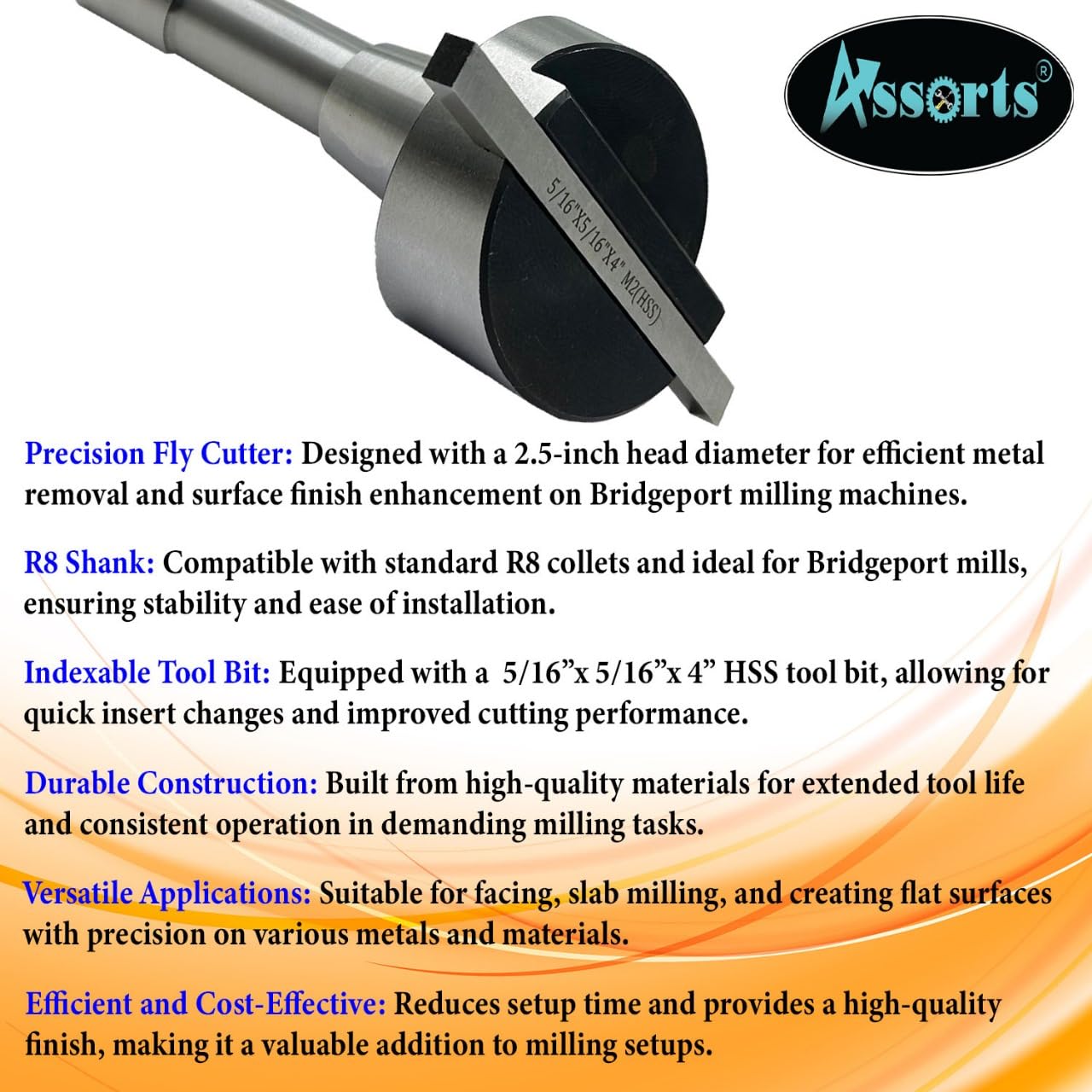 Assorts 2.5-Inch Fly Cutter with R8 Shank for Bridgeport Milling Machines – Includes 5/16" x 5/16" x 4'' HSS M2 Tool Bit