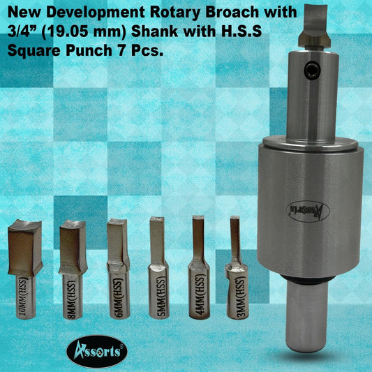 Assorts Newly Developed Rotary Broach (Metric) – 3/4” (19.05 mm) Straight Shank + 7 PCS H.S.S. Square Punch Set (3–12 mm)-Enhanced with Wobble Feature