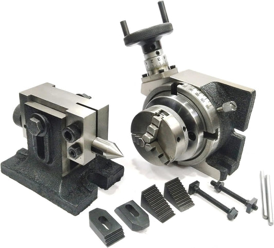 Precision Horizontal Vertical Milling Indexing 4"/ 100 Rotary Table, M6 Clamp Kit With Suitable Tailstock & Small Chuck & Fixing T Nut Bolts (With 65 MM 3 Jaw Self Centering Chuck)