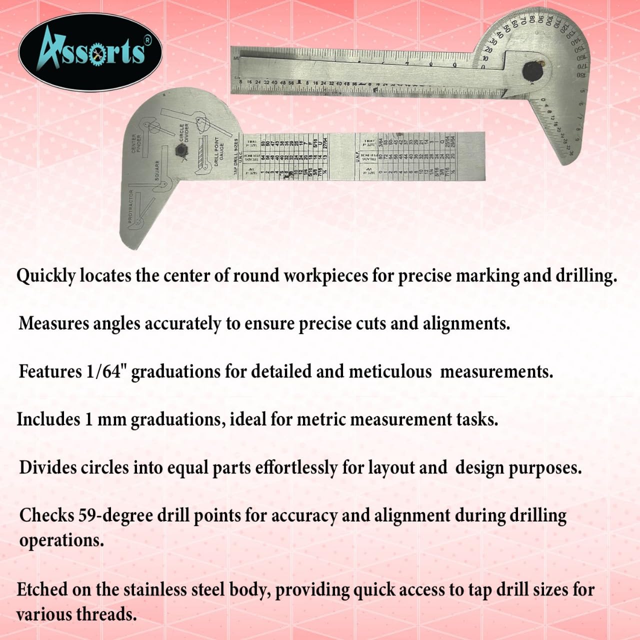 Assorts Multi Purpose Protractor Square Rule Centre Finder Divider Drill Point Gauge