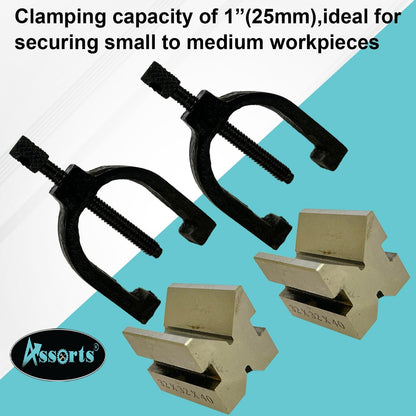 ASSORTS Hardened Tool Steel Vee V Block Pair Set with Clamps (32 x 32 x 40 mm (3/4" Capacity))
