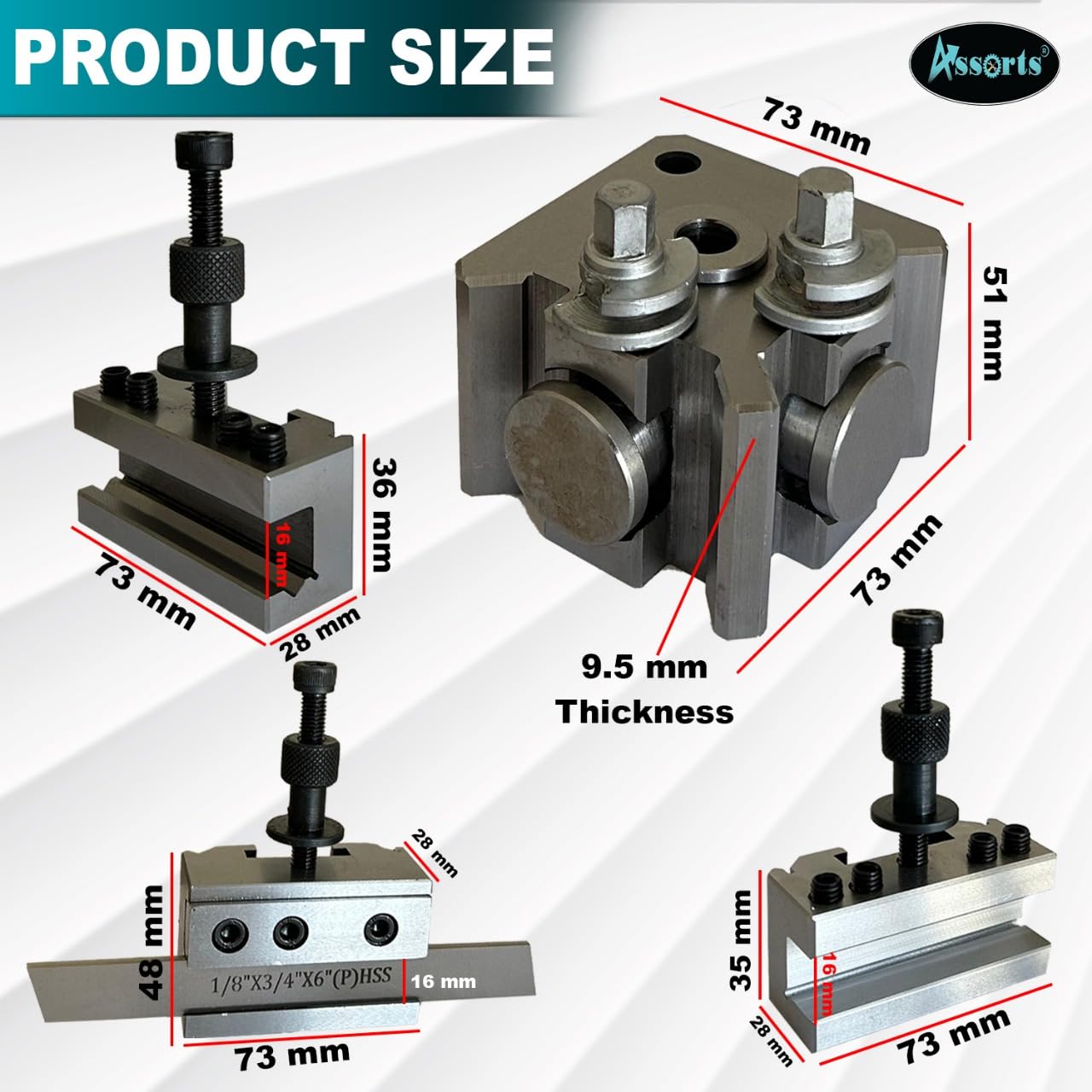 Assorts T-51 Quick Change Tool Post Set with 2 Standard Holders, 1 Boring Holder & 1 Parting Holder with 1/8” × 3/4” × 6” HSS Parting Blade – Lathe Tool Holder Set