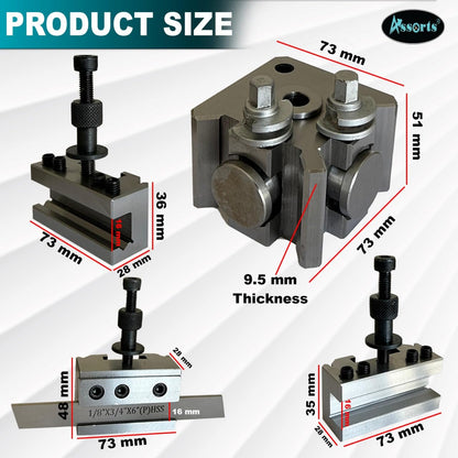 Assorts T-51 Quick Change Tool Post Set with 2 Standard Holders, 1 Boring Holder & 1 Parting Holder with 1/8” × 3/4” × 6” HSS Parting Blade – Lathe Tool Holder Set