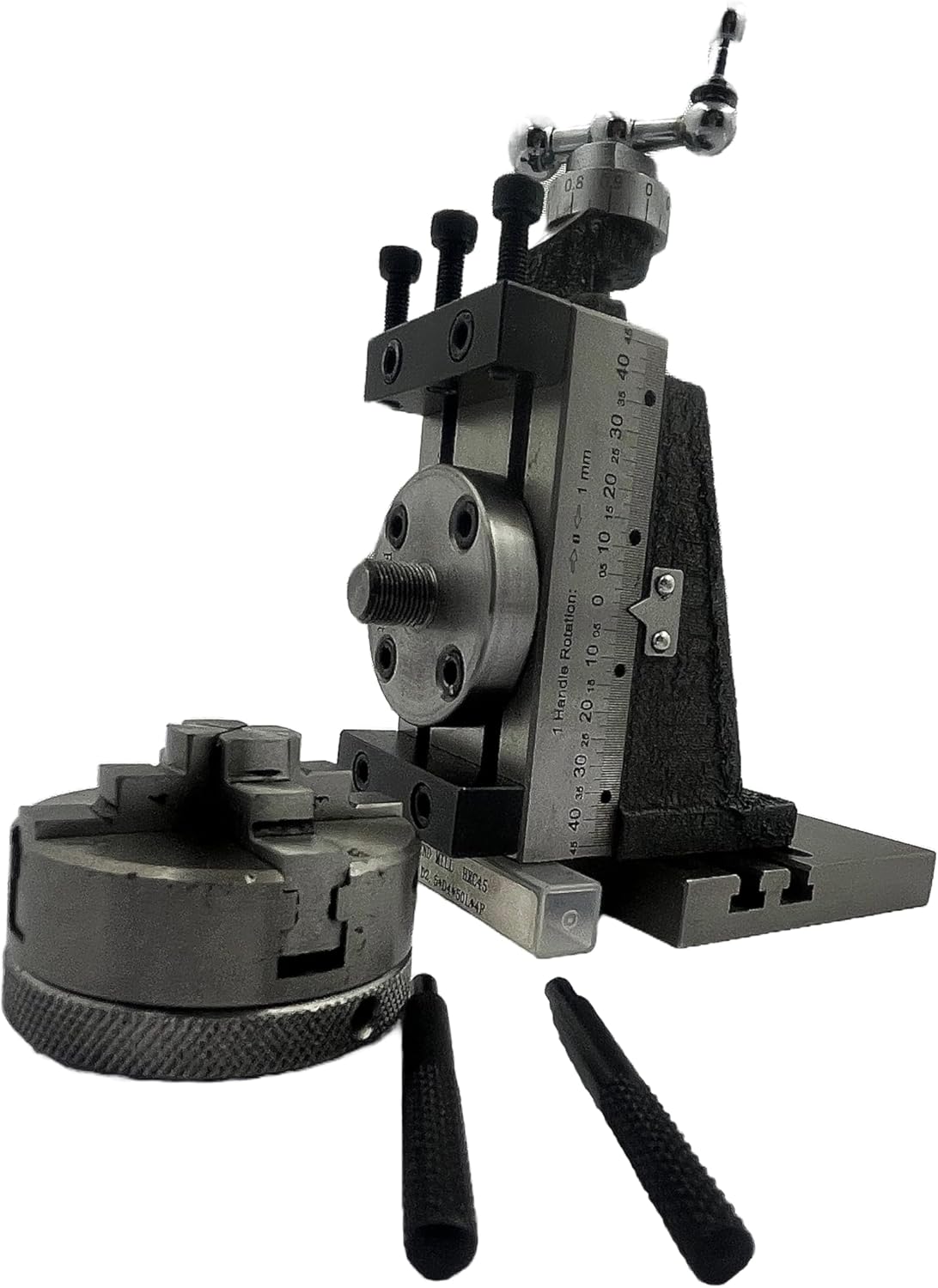 Assorts New Mini Fixed Vertical Slide (90mm x 50mm) with 3-Slots, Precision Side Scale, and 50mm 4-jaw Self-Centering Chuck with Back Plate and Base Plate - for Mini Lathe Applications