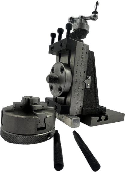 Assorts New Mini Fixed Vertical Slide (90mm x 50mm) with 3-Slots, Precision Side Scale, and 50mm 4-jaw Self-Centering Chuck with Back Plate and Base Plate - for Mini Lathe Applications