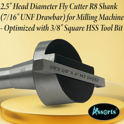 Assorts 2.5" Fly Cutter with R8 Shank (7/16" UNF Drawbar) for Milling Machines – Includes 3/8" Square HSS Tool Bit and Indexable Carbide Insert Tool