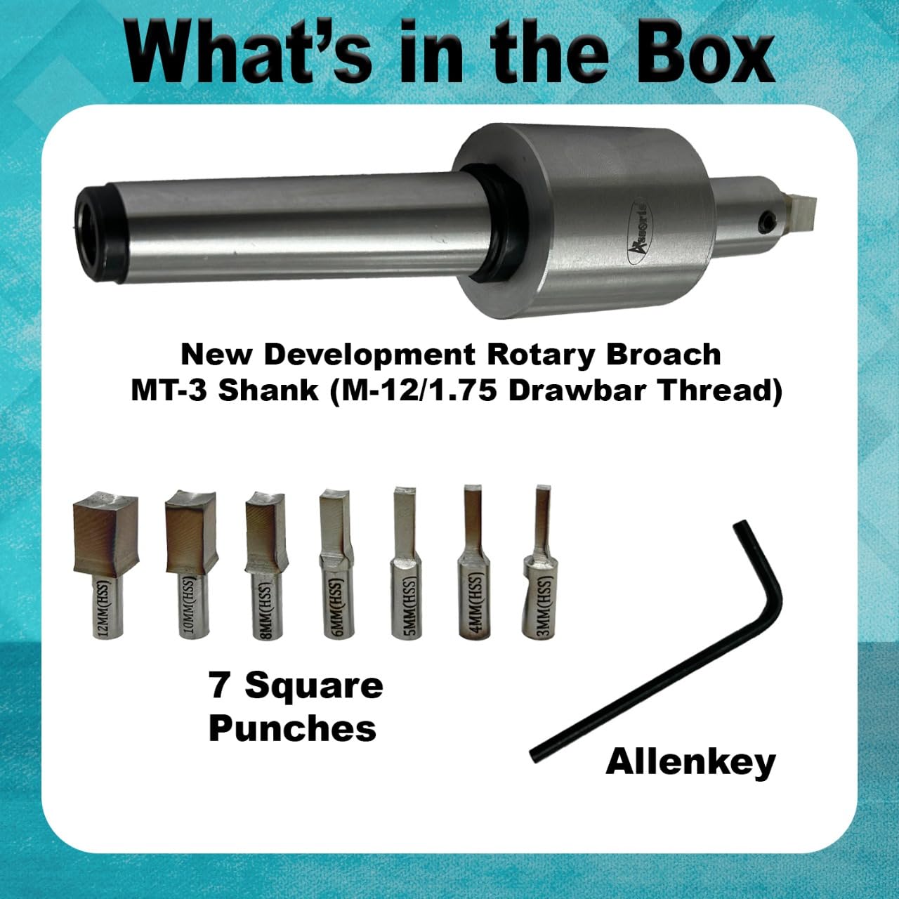 Assorts MT3 Teng Style Rotary Broach Holder Set with HSS Metric Square Broach Punches – Precision Internal Square Broaching Tool for Lathes, Milling Machines & CNC Machining Applications