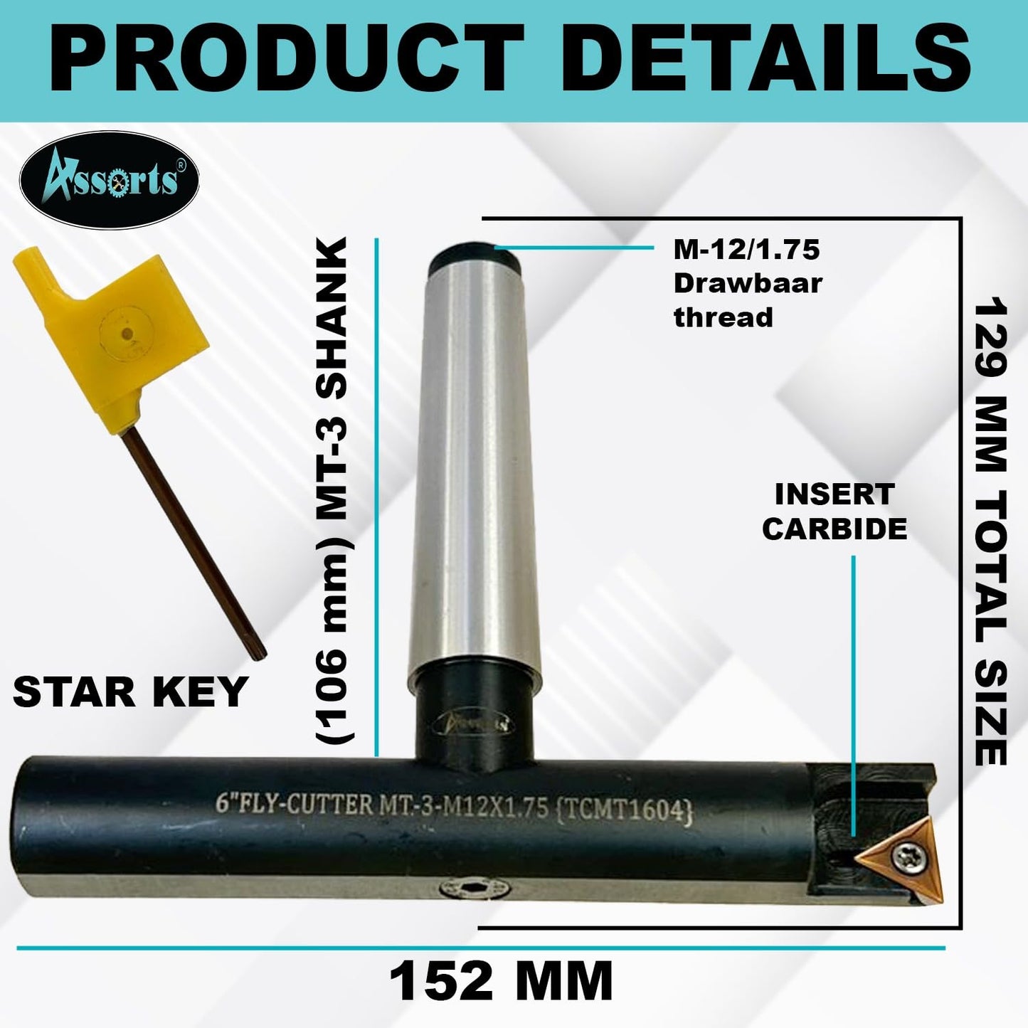 Assorts 6″ Balanced Fly Cutter Indexable Face Milling Cutter with MT3 Shank (M12 × 1.75 Drawbar), Single TCMT1604 Insert, Torx Screw & Star Key Included