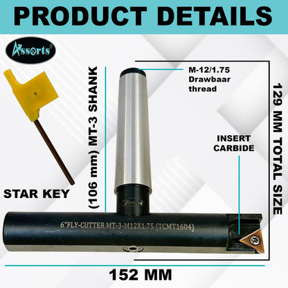 Assorts 6″ Balanced Fly Cutter Indexable Face Milling Cutter with MT3 Shank (M12 × 1.75 Drawbar), Single TCMT1604 Insert, Torx Screw & Star Key Included