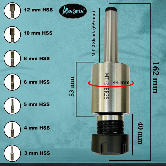 ASSORTS ER-25 MT2 Rotary Broach Holder with Metric HEX Broach Punch Set | 3–12mm HSS Hex Rotary Broaching Tools for Lathe, Mill & CNC Precision Machining | Durable ER25 MT2 Tooling Kit