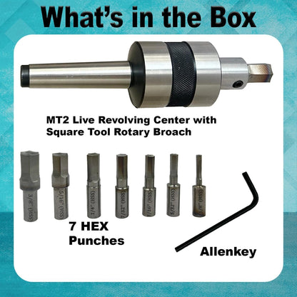 ASSORTS MT2 Live Revolving Center with HEX Rotary Broach Punches – Precision Lathe Accessory for Internal Hexagon Broaching