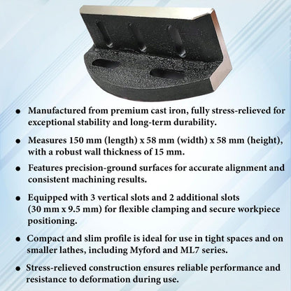 Caste Iron Slotted Slim Angle Plate 150mm x 58mm x 58 mm - Suitable for Lathes Including Myford & ML7 series