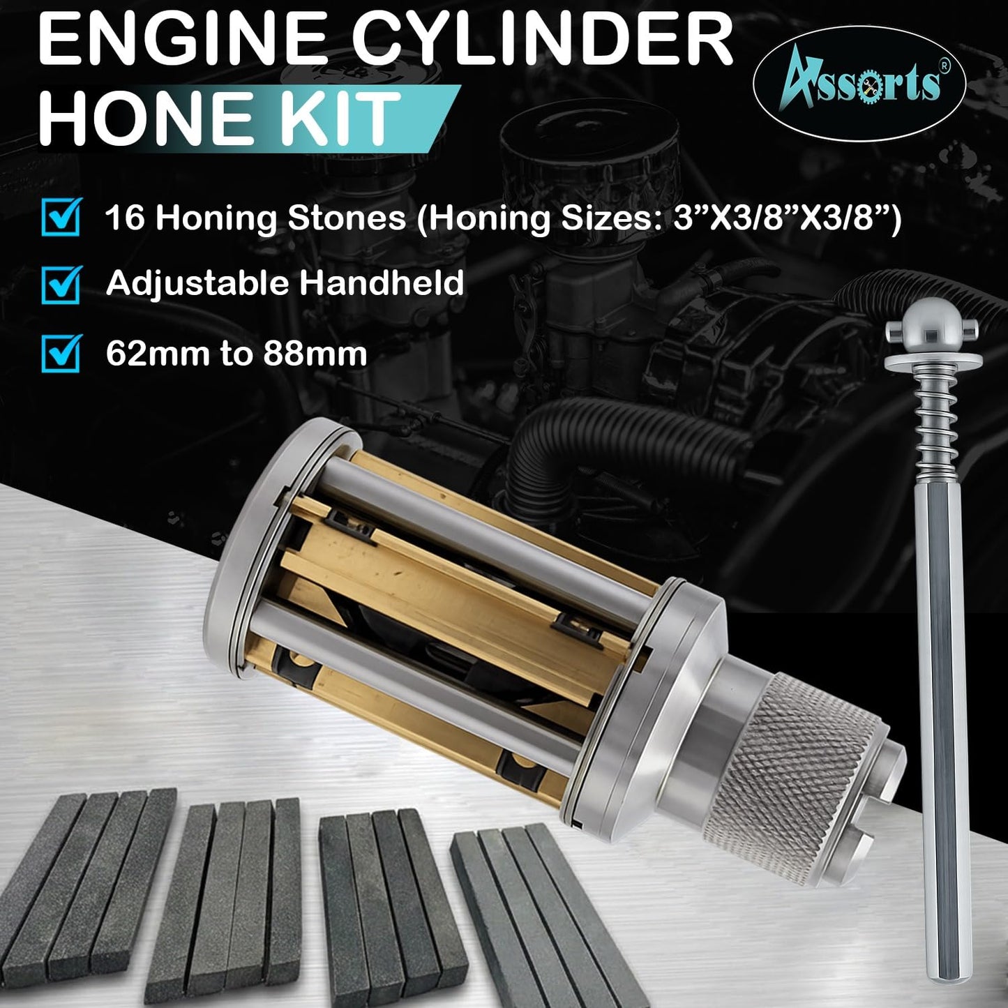 Assort Engine Cylinder Hone Kit 62–88mm Adjustable Handheld Honing Tool Set with 4 Extra Carriers & 16 Stones (3" x3/8" x3/8") – Precision Honing for Mid to Large Car Engines, Durable & Easy to Use