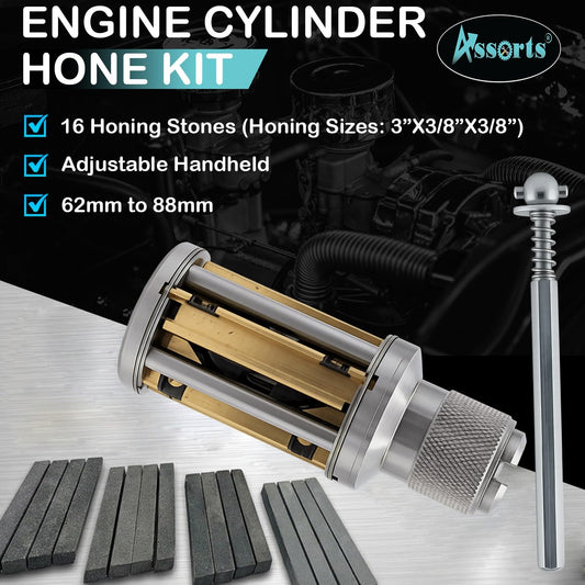 Assort Engine Cylinder Hone Kit 62–88mm Adjustable Handheld Honing Tool Set with 4 Extra Carriers & 16 Stones (3" x3/8" x3/8") – Precision Honing for Mid to Large Car Engines, Durable & Easy to Use