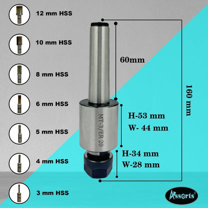 ASSORTS MT3 Shank Rotary Broach Holder with ER20 Adaptor – Precision Internal Hex Broaching Tool Set with Hardened HSS Hex Broaches for CNC Lathes, Milling Machines & Professional Metalworking