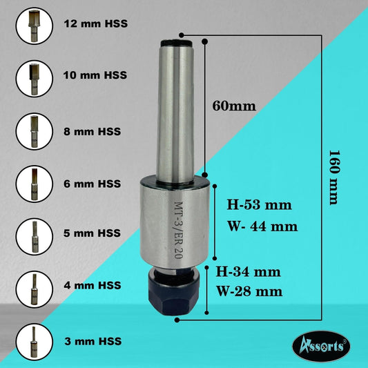 ASSORTS MT3 Shank Rotary Broach Holder with ER20 Adaptor – Precision Internal Hex Broaching Tool Set with Hardened HSS Hex Broaches for CNC Lathes, Milling Machines & Professional Metalworking