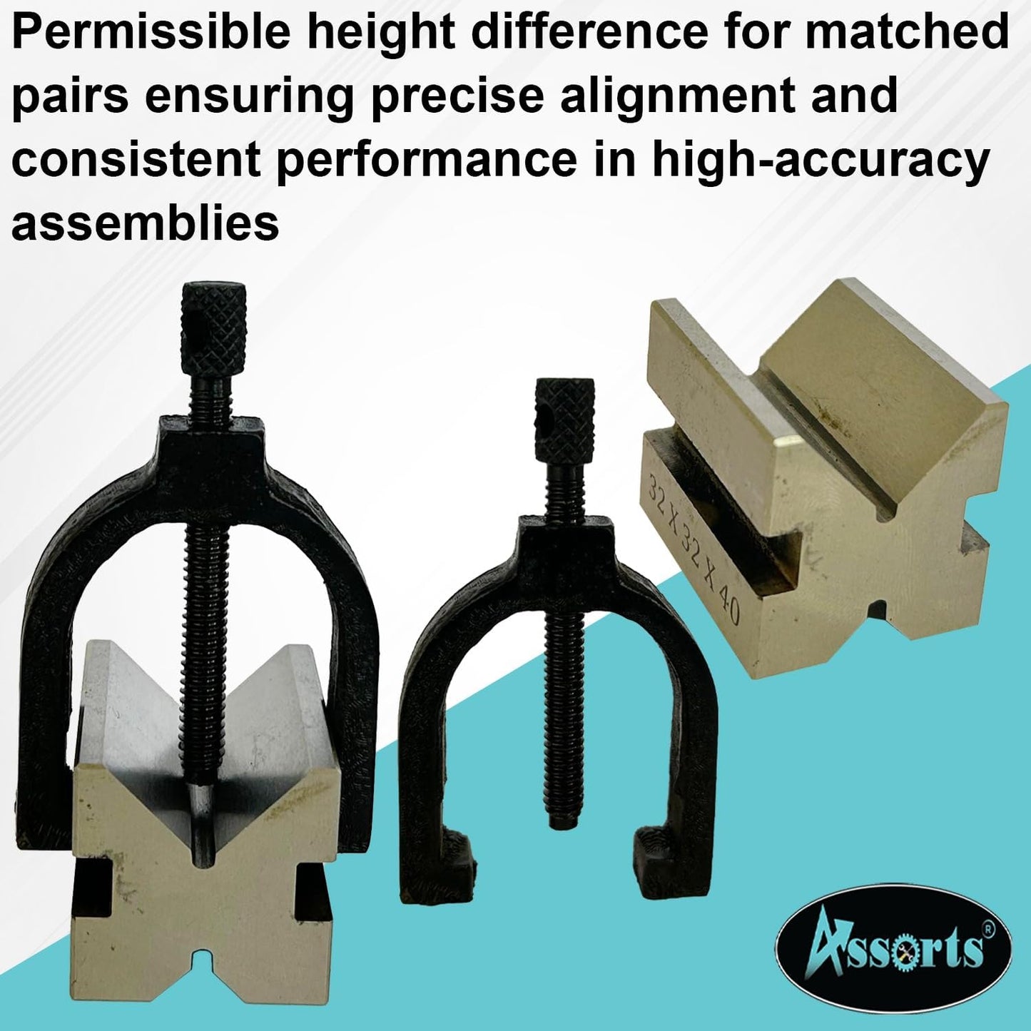 ASSORTS Hardened Tool Steel Vee V Block Pair Set with Clamps (32 x 32 x 40 mm (3/4" Capacity))