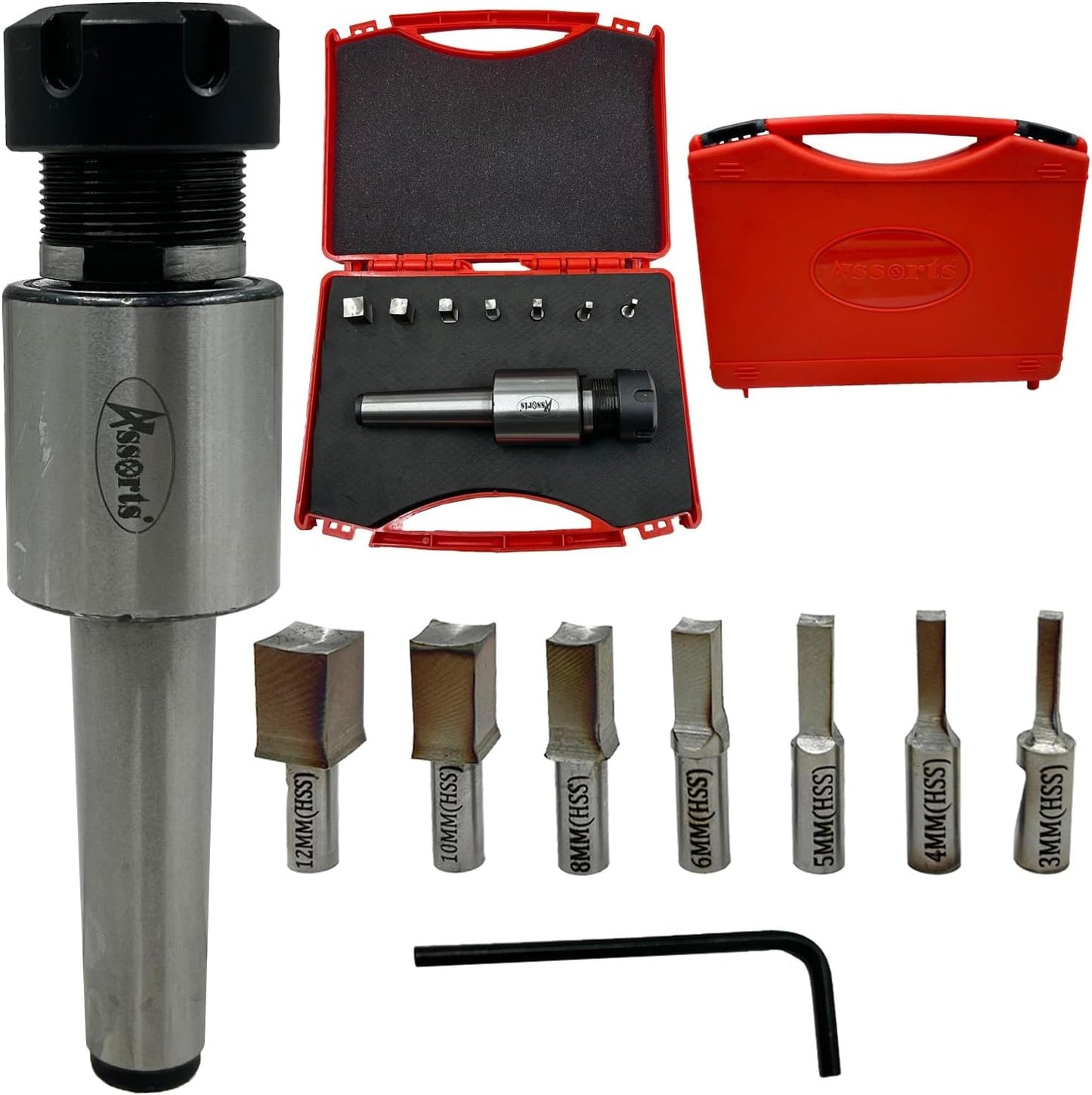 ASSORTS MT3 Shank Rotary Broach ER-25 Adapter with 7 Square Broaches (3mm to 12mm) | High Precision CNC Broaching Tool Set for Square Hole Cutting | Durable Tool Steel Broach Kit