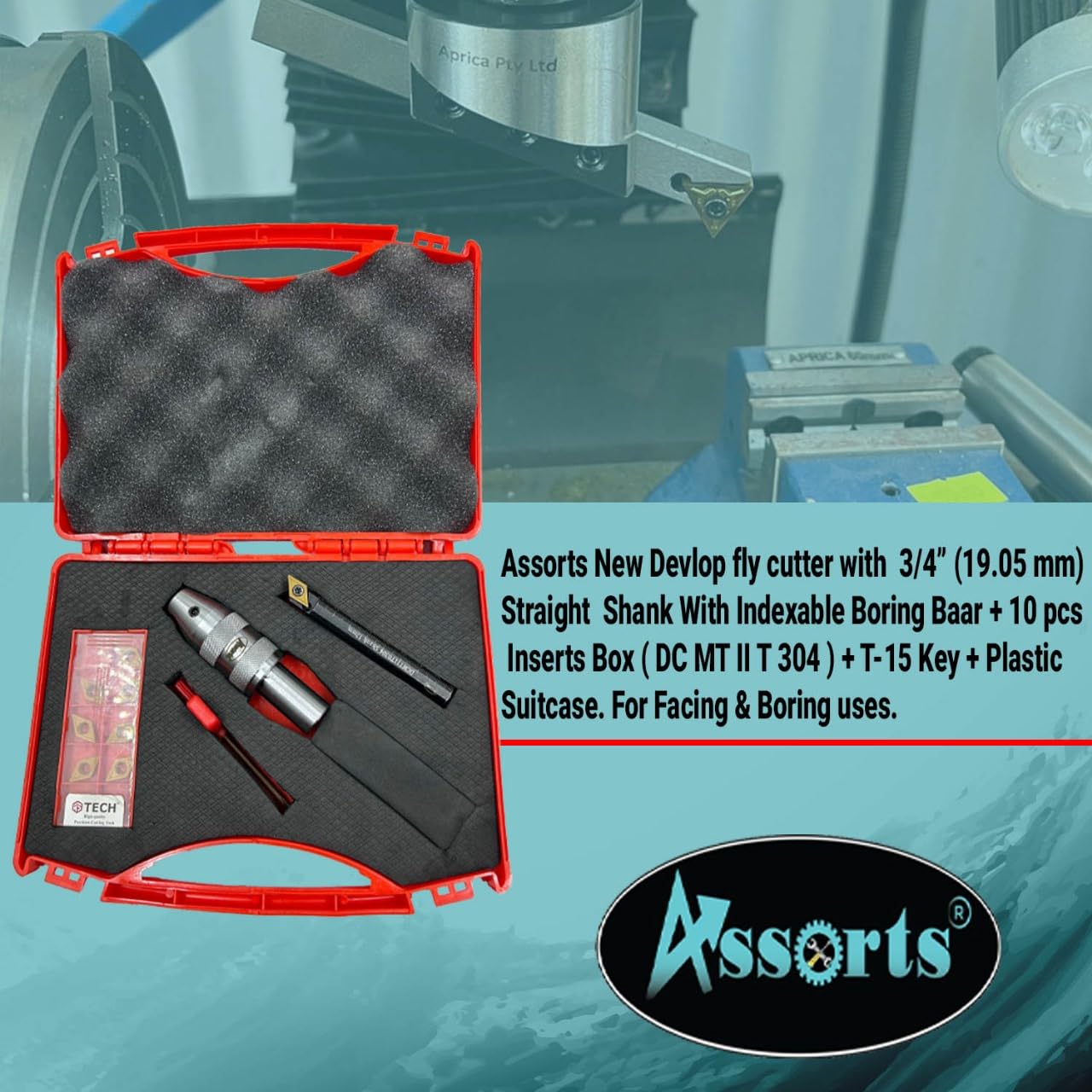 Assorts Fly Cutter with 3/4" (19.05 mm) Straight Shank & Indexable Boring Bar – Includes 10 PCS DCMT 11T304 Inserts & Plastic Case | Ideal for Facing & Boring | Watch Video for Details