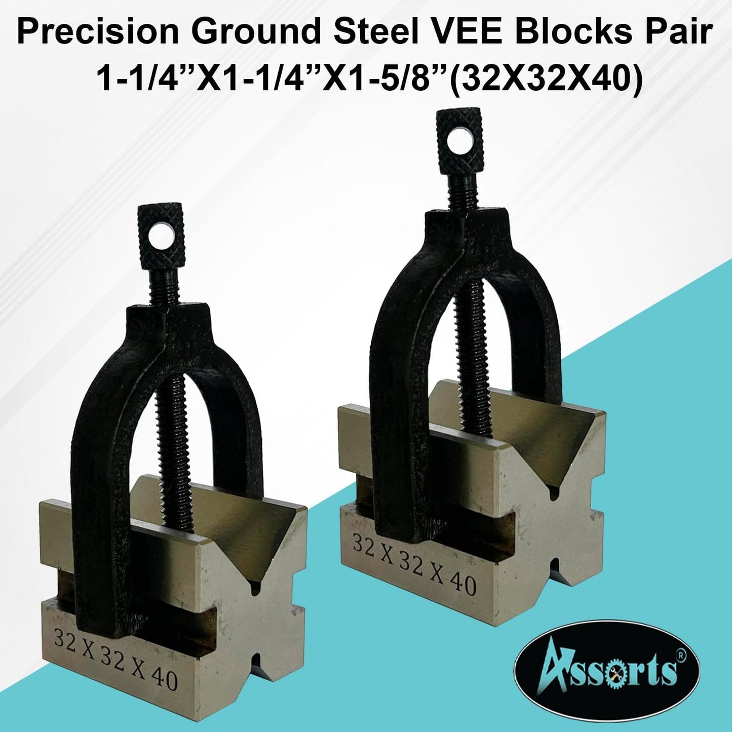 ASSORTS Hardened Tool Steel Vee V Block Pair Set with Clamps (32 x 32 x 40 mm (3/4" Capacity))