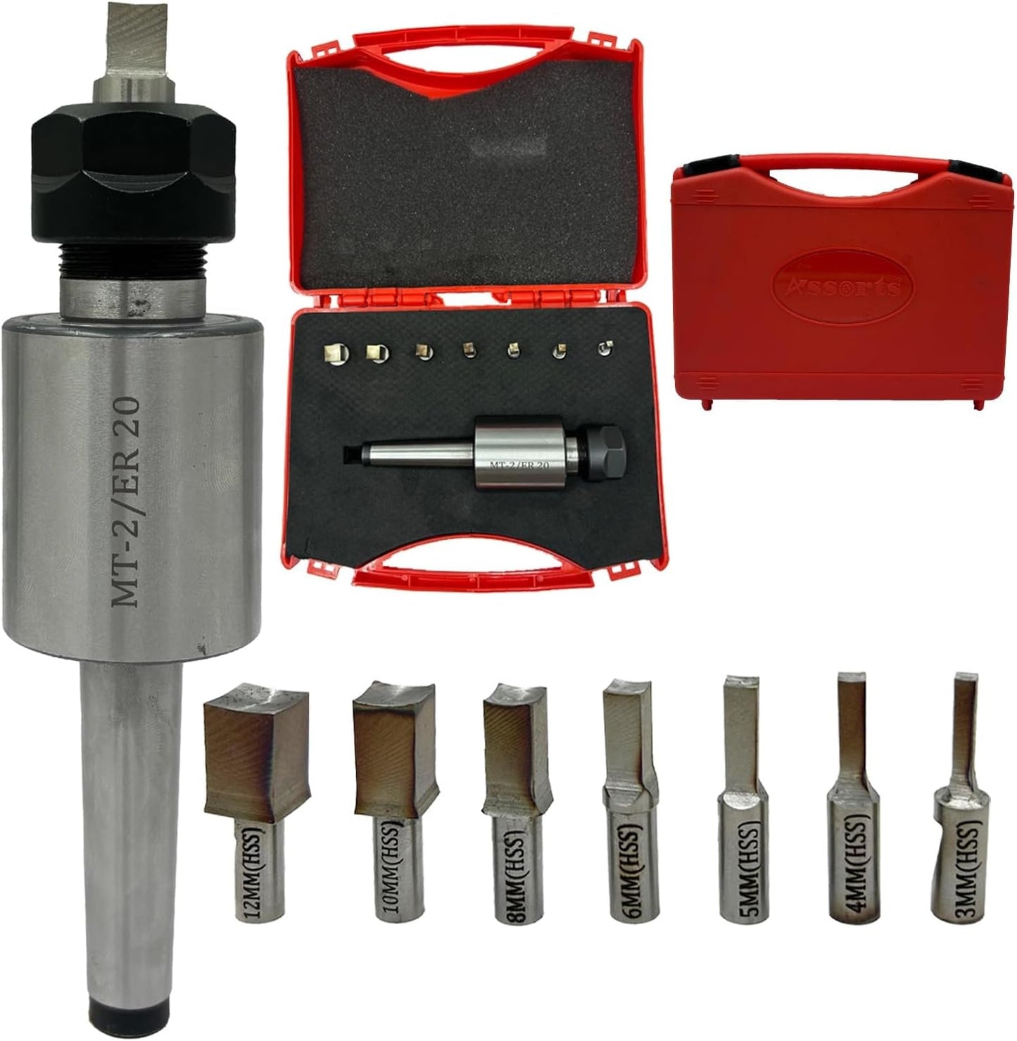 ASSORTS MT-2 Shank Rotary Broach Holder with ER20 Adapter & 7-Piece Square Punch Broach Set (3–12mm) for CNC Lathe, Milling Machine, Internal Square Hole Cutting & Precision Metalworking Tools