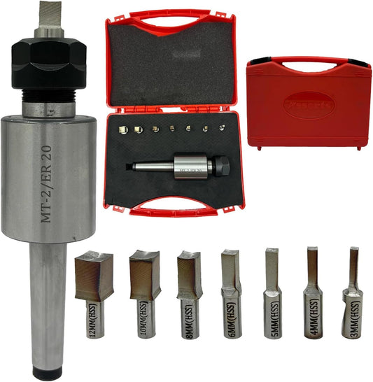 ASSORTS MT-2 Shank Rotary Broach Holder with ER20 Adapter & 7-Piece Square Punch Broach Set (3–12mm) for CNC Lathe, Milling Machine, Internal Square Hole Cutting & Precision Metalworking Tools