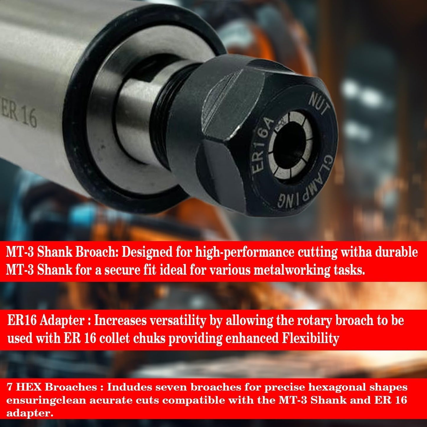 MT3 Shank Rotary Broach Kit with ER16 Adaptor & 7-Piece Hex Broach Set
