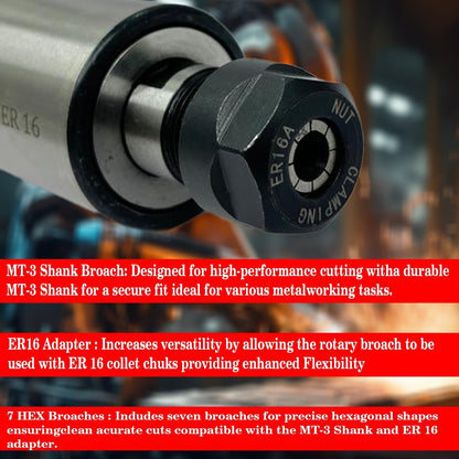 MT3 Shank Rotary Broach Kit with ER16 Adaptor & 7-Piece Hex Broach Set