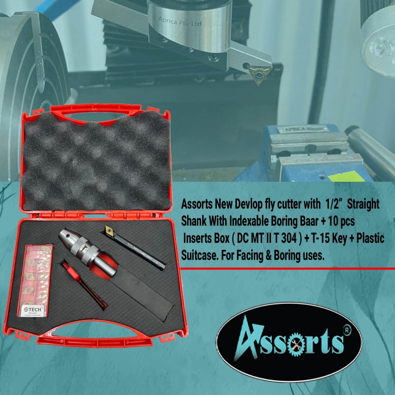 Assorts New Developed Fly Cutter with 1/2" (12.7 mm) Straight Shank & Indexable Boring Bar – Includes 10 PCS DCMT 11T304 Inserts,Plastic Case | Perfect for Facing & Boring