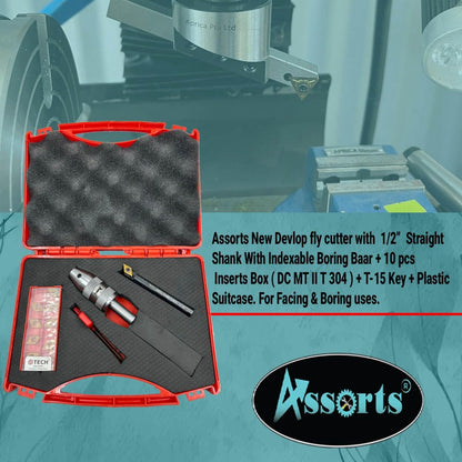 Assorts New Developed Fly Cutter with 1/2" (12.7 mm) Straight Shank & Indexable Boring Bar – Includes 10 PCS DCMT 11T304 Inserts,Plastic Case | Perfect for Facing & Boring
