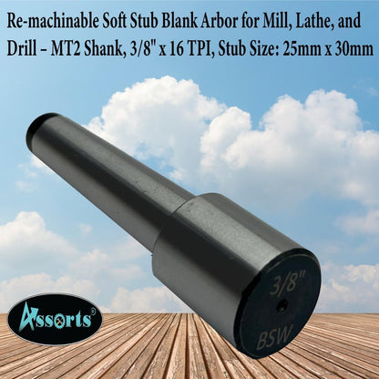 ASSORTS Re-machinable Soft Stub Blank Arbor for Mill, Lathe, and Drill – MT2 Shank, 3/8" x 16 TPI, Stub Size: 25mm x 30mm