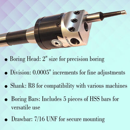 Assorts Boring Head 2 inch for Milling & Lathe Machine 1 Div: 0.0005" & 5 Pcs HSS Boring Bars R8 Shank (7/16 UNF Drawbar)