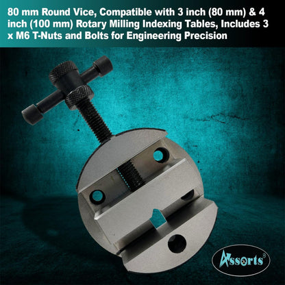 ASSORTS's 80 mm Round Vice for 3" (80 mm) & 4" (100 mm) Rotary Milling Indexing Table with 3 x M6 T nuts Bolts-Engineering Tools
