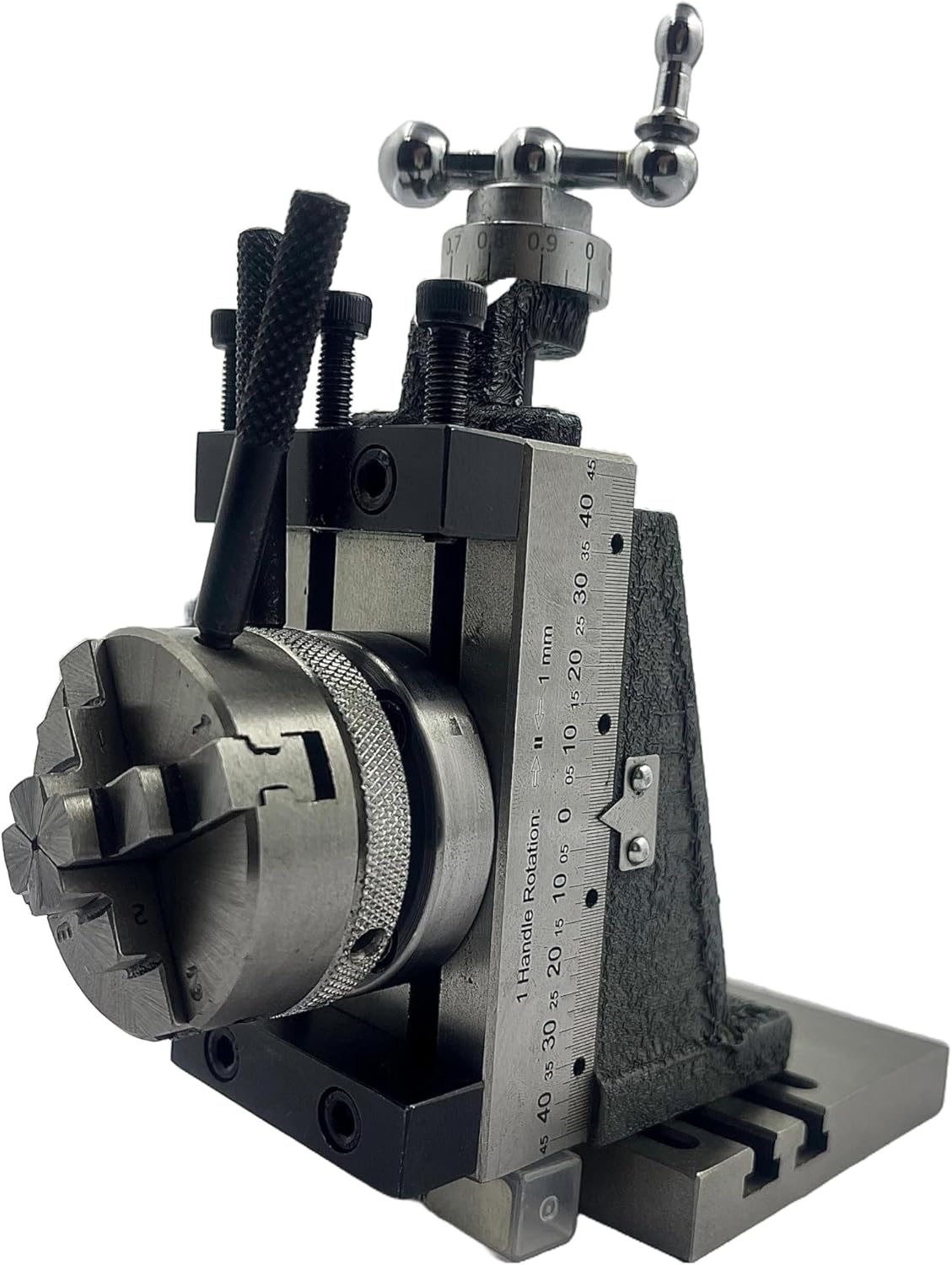 Assorts New Mini Fixed Vertical Slide (90mm x 50mm) with 3-Slots, Precision Side Scale, and 50mm 4-jaw Self-Centering Chuck with Back Plate and Base Plate - for Mini Lathe Applications