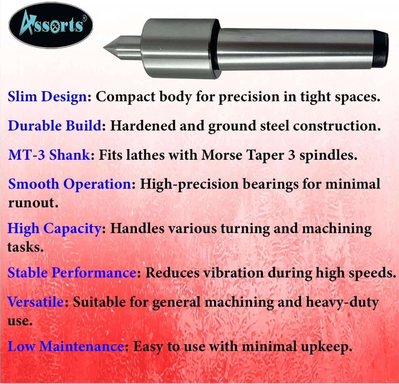 Slim-Body Precision Revolving Live Center for Conventional Lathes - MT3, <10 Micron Run-Out, 1500-1800 RPM