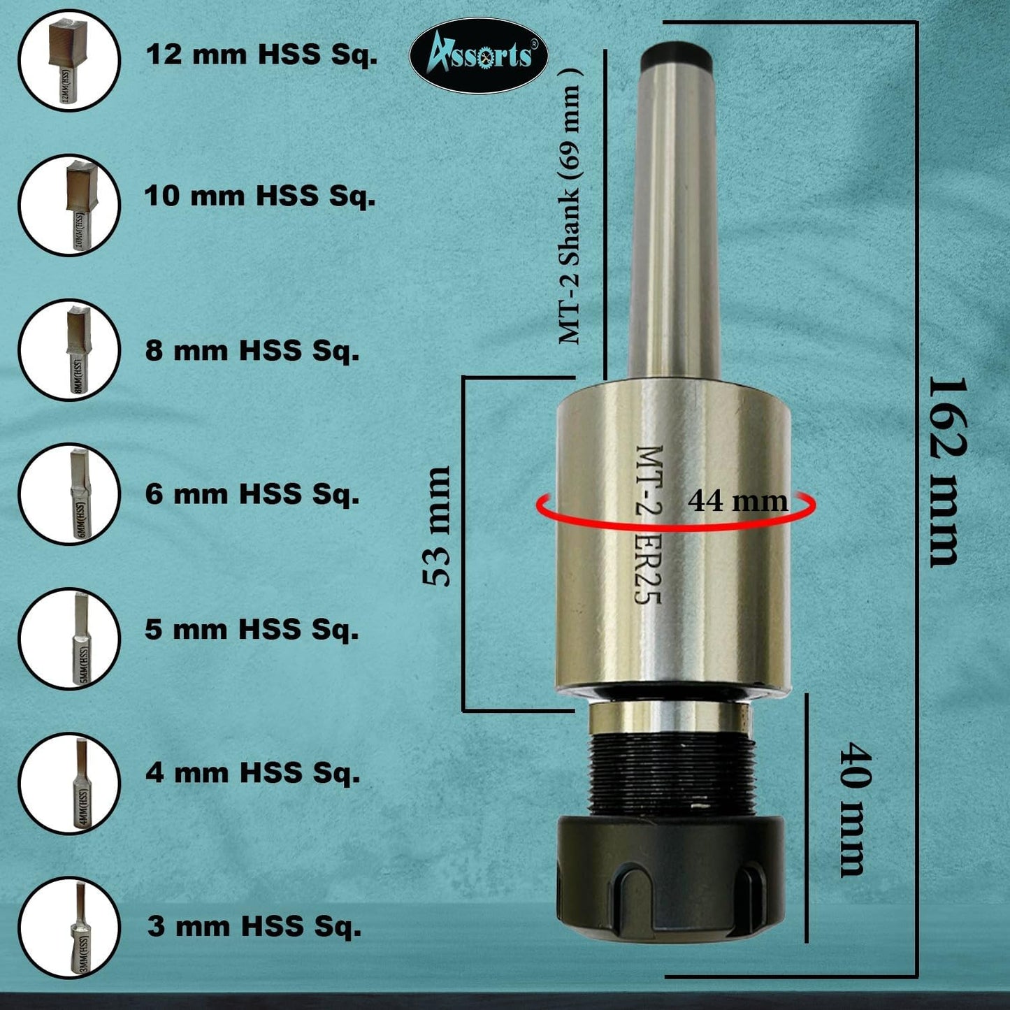ASSORTS ER-25 MT2 Rotary Broach Holder with Metric Square Broach Punch Set | 3–12mm HSS Square Rotary Broaching Tools for Lathe, Milling & CNC Precision Machining | Durable ER25 MT2 Tooling Kit