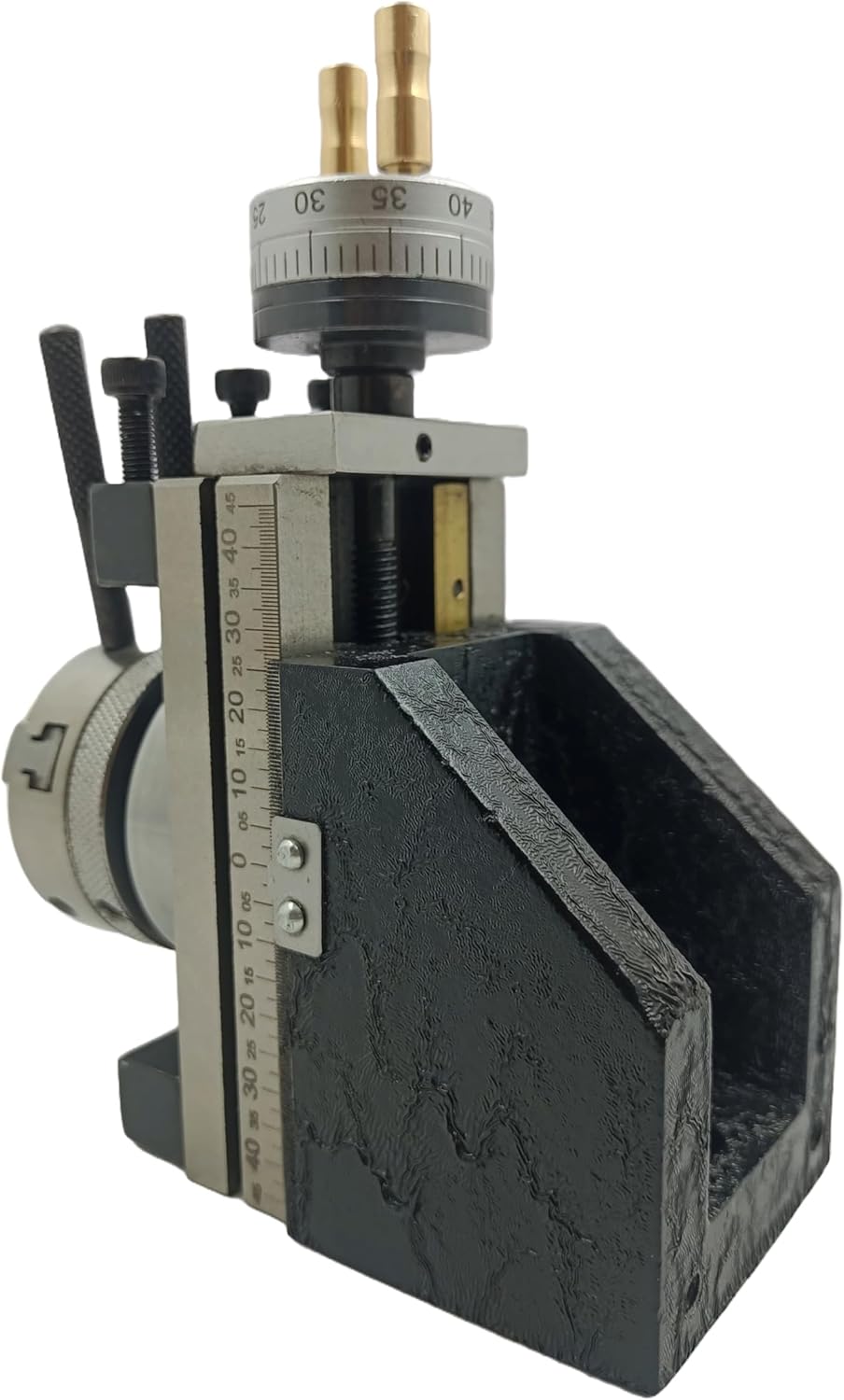 Assorts Mini Vertical Slide, measuring 90mm x 50mm, equipped with a 50mm 3-Jaw Self-Centering Chuck, complete with a back plate featuring an integrated side scale for mini lathe metalworking projects