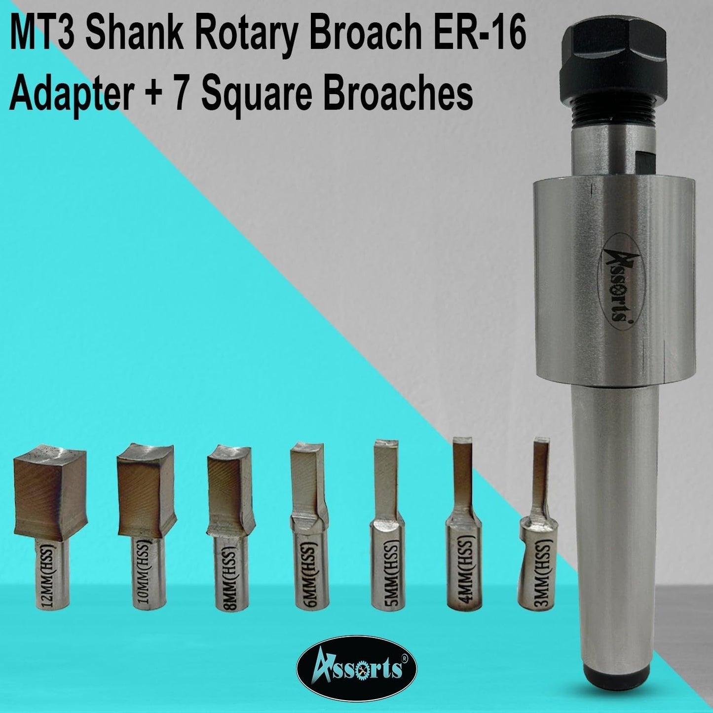 ASSORTS MT3 Shank Rotary Broach Holder with ER-16 Adapter – Internal Square Broaching Tool Set with 7 HSS Square Broaches 3mm to 12mm for CNC Lathes, Milling Machines & Precision Metalworking