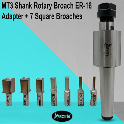 ASSORTS MT3 Shank Rotary Broach Holder with ER-16 Adapter – Internal Square Broaching Tool Set with 7 HSS Square Broaches 3mm to 12mm for CNC Lathes, Milling Machines & Precision Metalworking