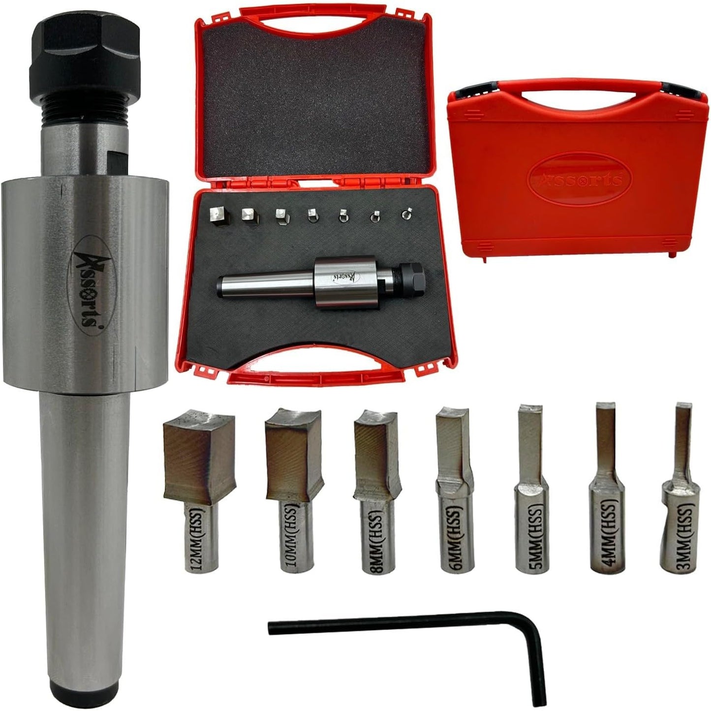 ASSORTS MT3 Shank Rotary Broach Holder with ER-16 Adapter – Internal Square Broaching Tool Set with 7 HSS Square Broaches 3mm to 12mm for CNC Lathes, Milling Machines & Precision Metalworking