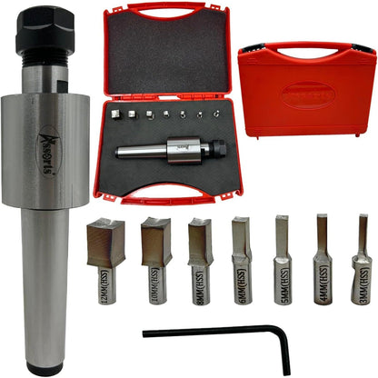 ASSORTS MT3 Shank Rotary Broach Holder with ER-16 Adapter – Internal Square Broaching Tool Set with 7 HSS Square Broaches 3mm to 12mm for CNC Lathes, Milling Machines & Precision Metalworking